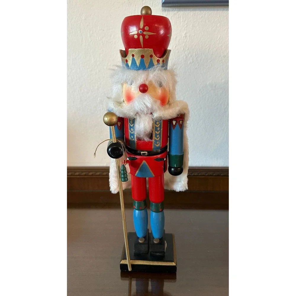 15'' Rite Aid Wooden Holiday Nutcracker King White Faux Fur Cape Red Blue Gold